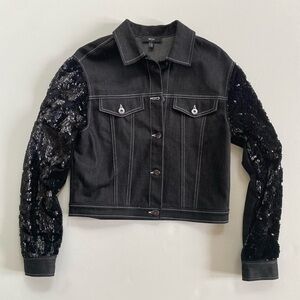 Black Sequin Sleeve Denim Jacket